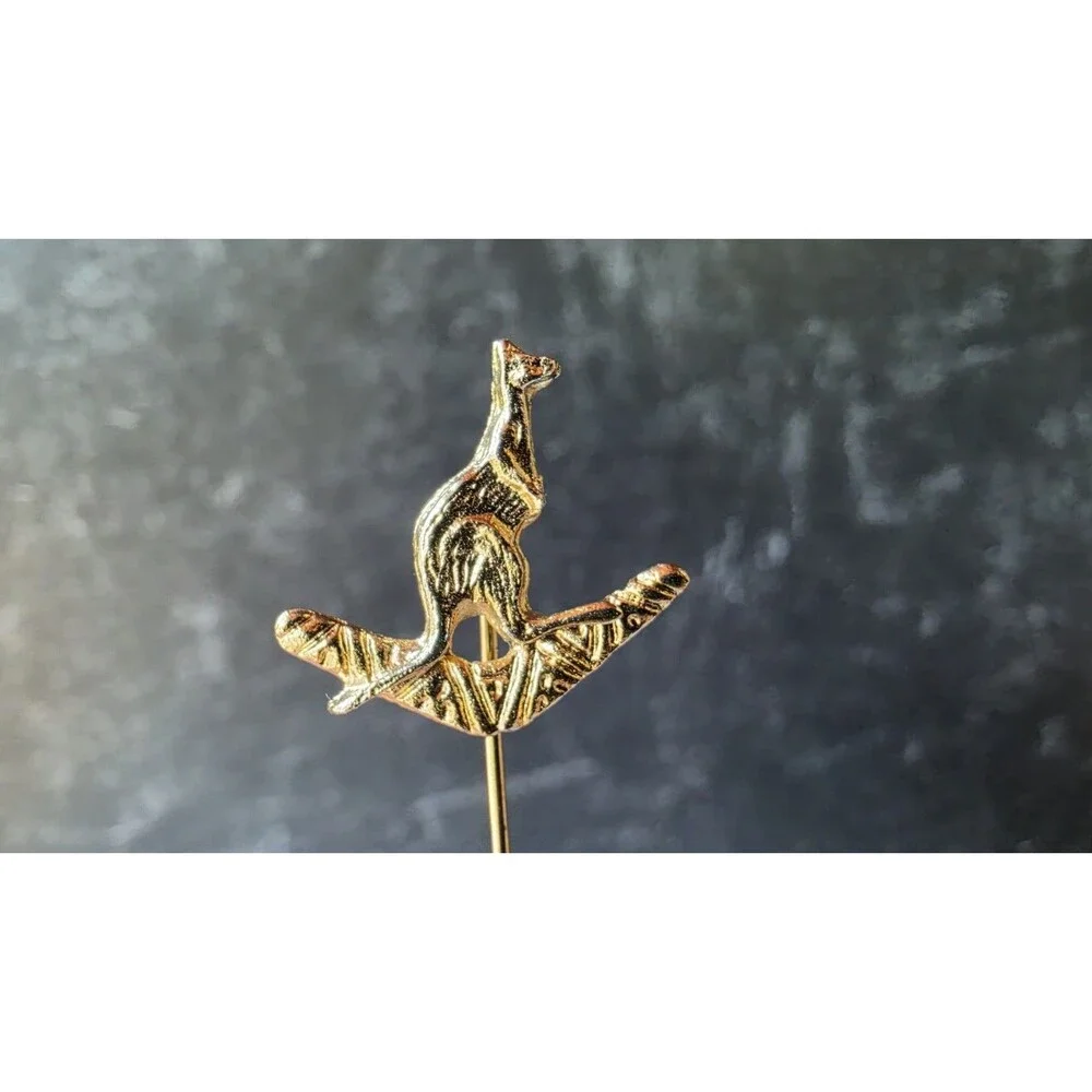 Kangaroo On Boomerang Gold Tone Metal Stick Pin Vintage READ Description